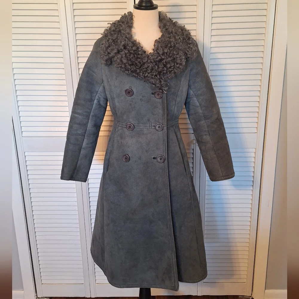 RARE vtg 1980s Antartex Scotland Sheepskin Gray Double-Breasted Coat Sz Small - Picture 1 of 7